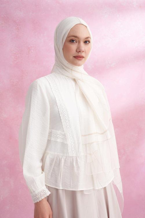 İpekli Violet Krem Rengi Şal