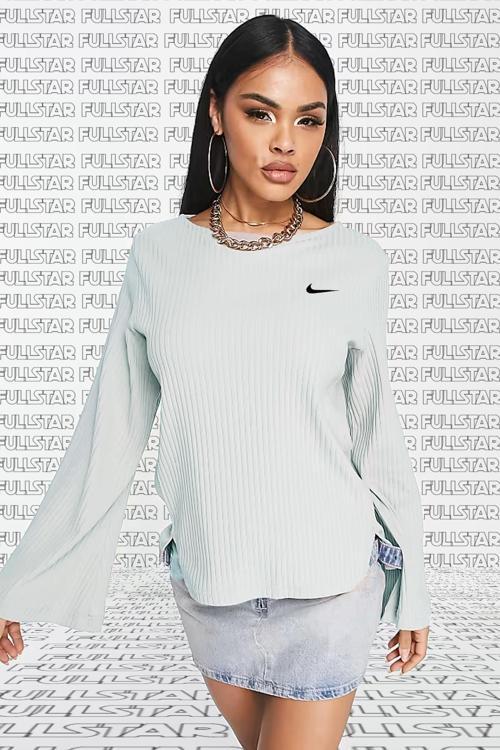 Rib Jersey Long Sleeve Top White Kadın Fitilli Sweatshirt Açık Gri