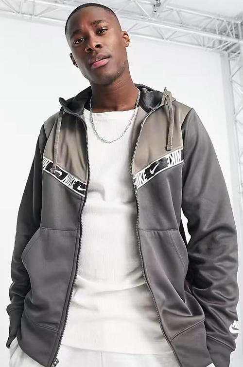 Sportswear Repeat Graphic Full Zip Hoodie Kapüşonlu Erkek Sweatshirt Bej Gri