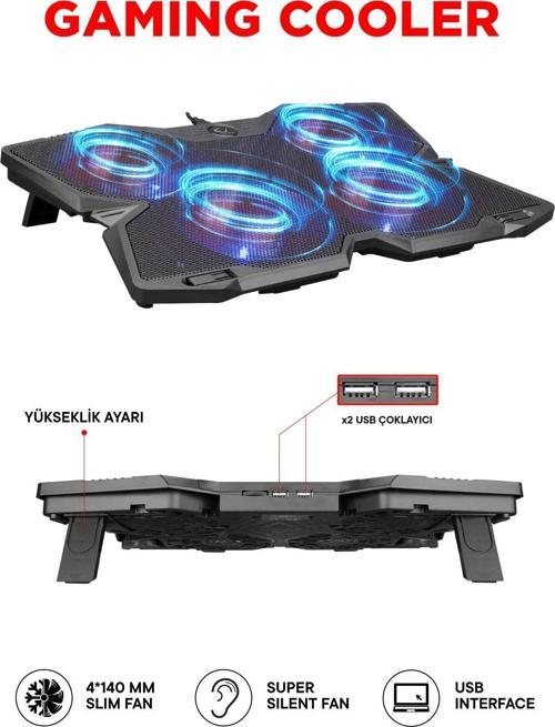AD-RC3 X-DRAGON Siyah 140mm 4 Adet Fan USB li 15-17" uyumlu Notebook Soğutucu Stand