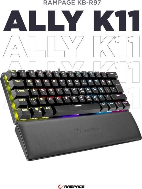 Ally K11 Siyah Rainbow Mavi Switch Mekanik Antighosting Bilek Destekli Gaming Oyuncu Klavye