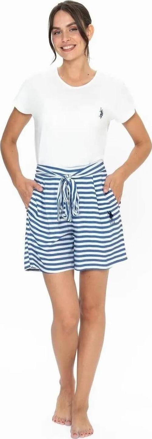 Kadın Yuvarlak Yaka Alt Üst Bağcıklı Çizgili Pijama Şort Takım