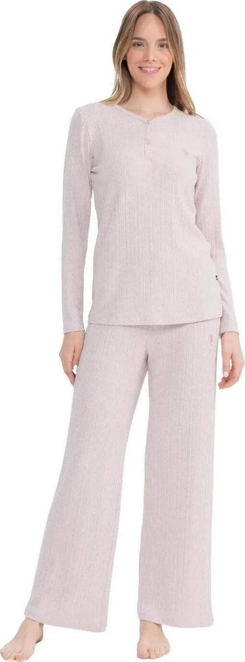 Kadın Düğmeli Yaka Fitilli Uzun Kollu Pijama Takımı