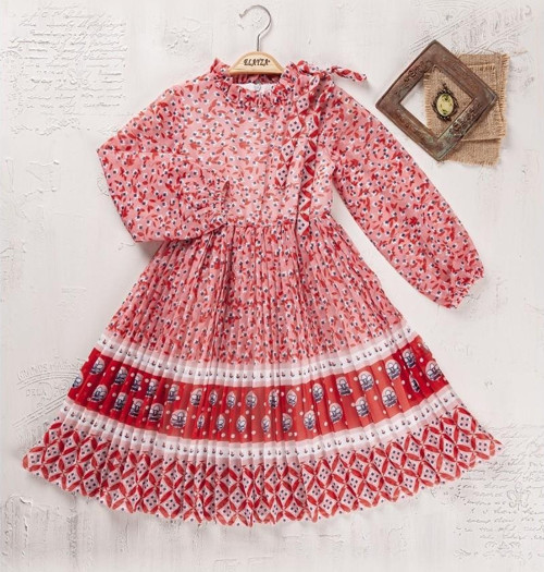 Kız Çocuk Çiçek Piliseli Baskılı Elbise BGL-ST04444