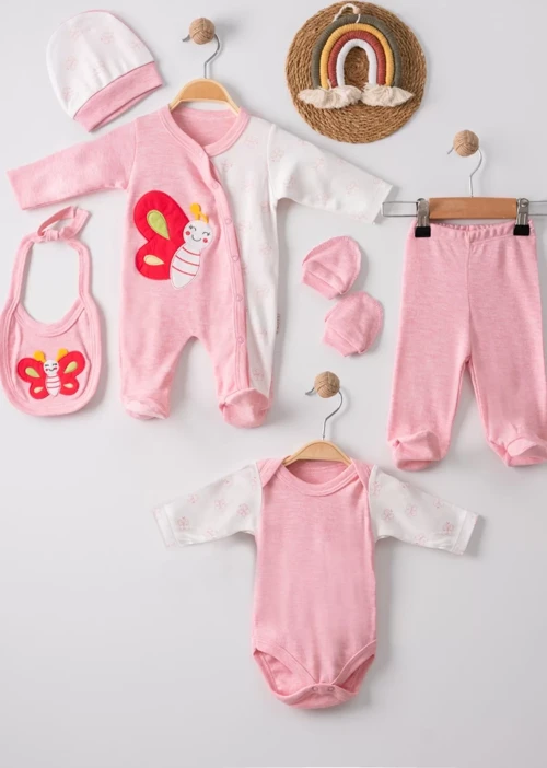 Kelebek Nakışlı Tulumlu % 100 Pamuk Kız Bebek 5'li Set