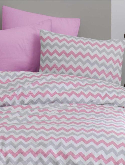 Tek Kişilik Lastikli Nevresim Takımı 160X220 - Pembe Zikzak Desenli