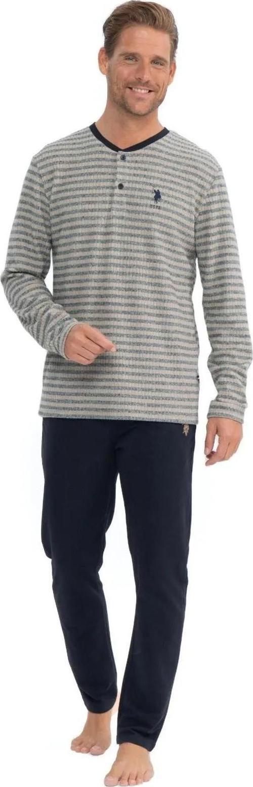 Erkek Uzun Kollu Yakası Düğmeli Çizgili Pijama Takımı