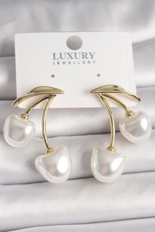 Pirinç Gold Renk Beyaz İnci Kiraz Model Kadın Küpe - TJ-BKP10461
