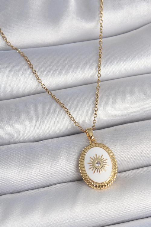 316L Çelik Gold Renk Zincir Beyaz Mineli Güneş İşlemeli Zirkon Taş Detaylı Madalyon Model Kadın Koly