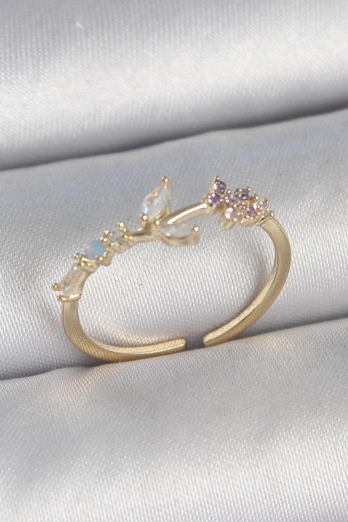 Pirinç Gold Renk Zirkon Taşlı Çiçek Model Ayarlanabilir Kadın Yüzük - TJ-BYK3723