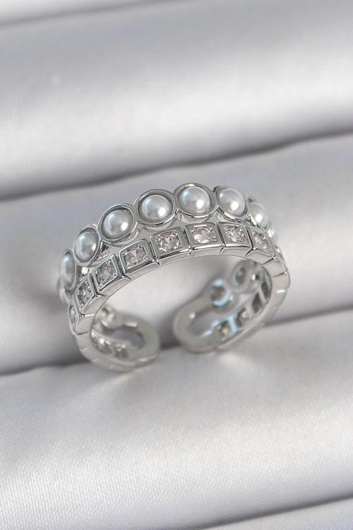 Pirinç Gümüş Renk 2'Li Sıra Zirkon Taşlı Ve İncili Ayarlanabilir Kadın Yüzük - TJ-BYK3720