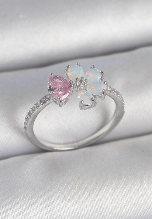 Pirinç Gümüş Renk Beyaz Mineli Pembe Zirkon Taşlı Çiçek Model Kadın Yüzük - TJ-BYK3708