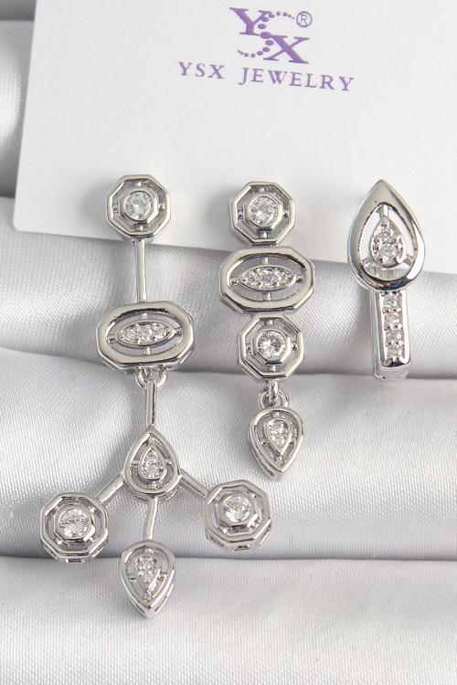 Pirinç Gümüş Renk Zirkon Taşlı Geometrik Model 3'Lü Kadın Kombin Küpe - TJ-BKP10434