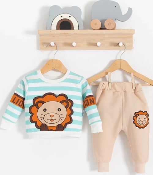 Aslan Desenli 2'li % 100 Pamuk Erkek Bebek Takımı