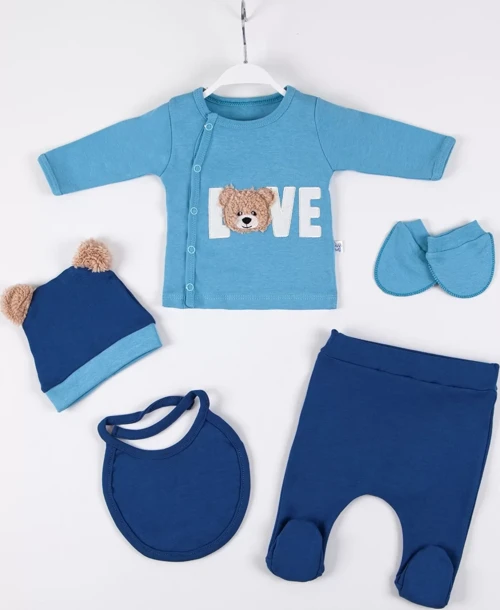 Love Bear Nakışlı 5'li % 100 Pamuk Erkek Bebek Hastane Çıkış Seti