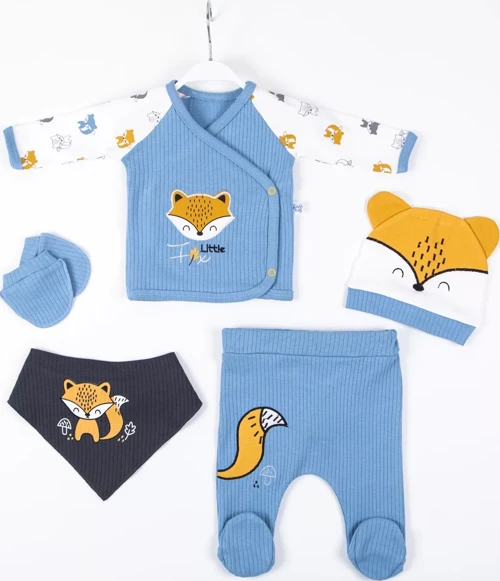 Little Fox Nakışlı 5'li % 100 Pamuk Erkek Bebek Hastane Çıkış Seti