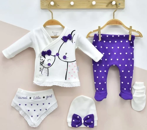 Little Mause Desenli % 100 Pamuk 5'li Kız Bebek Hastane Çıkış Seti