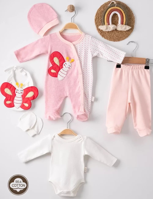 Kelebek Nakışlı Puanlı Tulumlu % 100 Pamuk Kız Bebek 5'li Set
