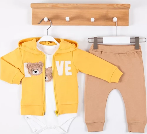 Love Bear Nakışlı % 100 Pamuk Hırkalı 3'lü Erkek Takım
