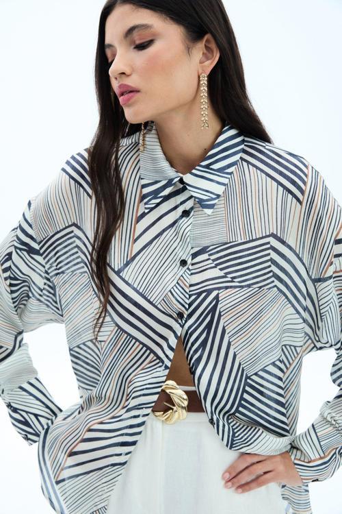 Çizgi Desenli Salaş Gömlek - Siyah