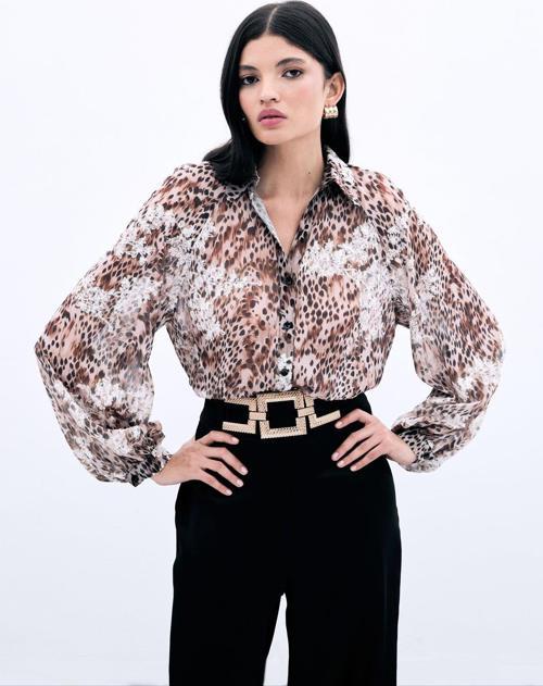 Leopar Desenli Nakışlı Gömlek - Vizon