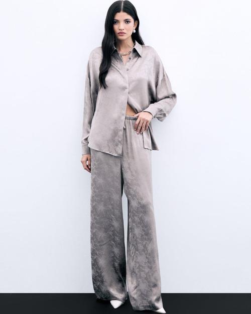 Jakarlı Saten Pantolon - Vizon