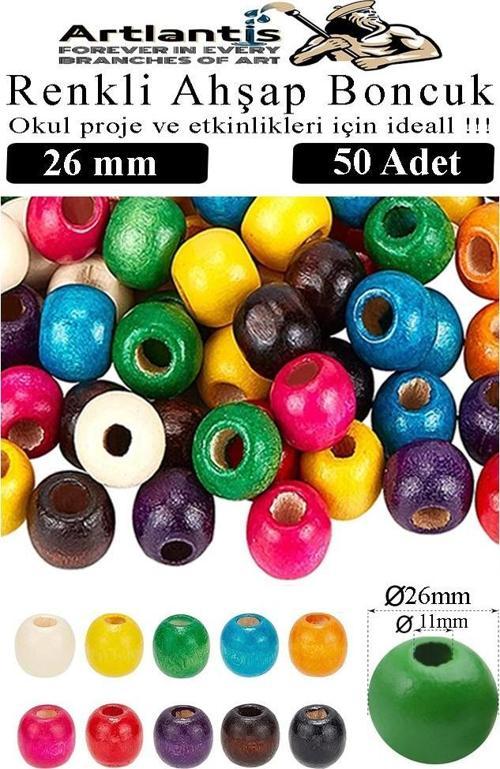 Renkli Ahşap Boncuk 26mm 50 li 1 Paket Renkli Ahşap Boyalı Yuvarlak Doğal Boncuklar Saç Takı Tasarım Ektinlik Kreş Okul