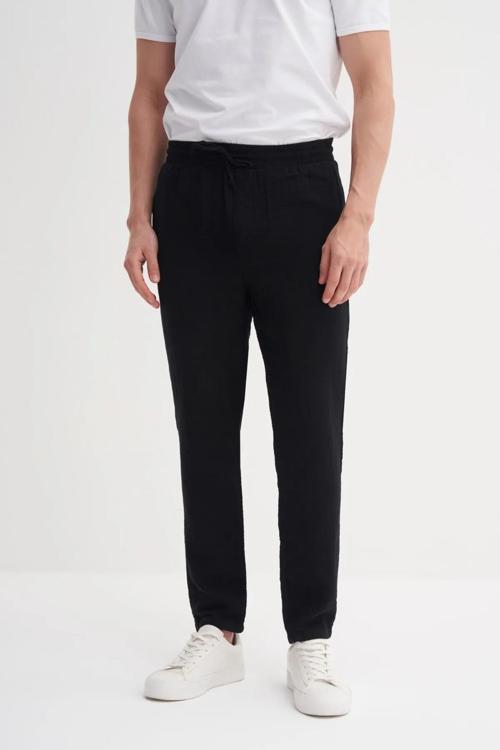 Muslin Erkek Keten pantolon Siyah Düz Paça 0025
