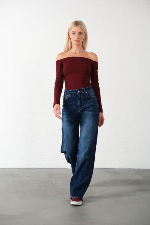 üksek Bel, Esnek Denim Kumaş Geniş Paça Palazzo Kadın Kot Jean Pantolon @Cesena