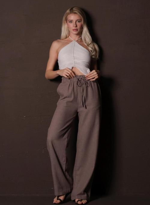 Pamuklu Beli lastik ve Büzgülü Rahat Kesim Geniş Paça Dokulu Yazlık Kadın Pantolon @Lagos
