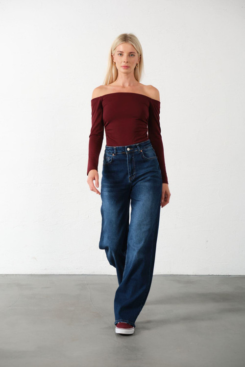üksek Bel, Esnek Denim Kumaş Geniş Paça Palazzo Kadın Kot Jean Pantolon @Cesena