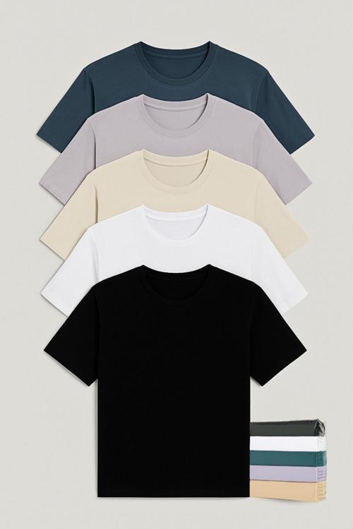 Erkek Regular Fit-5'li Basic Tişört-siyah-beyaz-petrol-lila-bej-%100 Pamuk-bisiklet Yaka 30/1