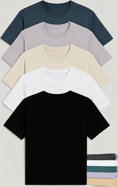 Erkek Regular Fit-5'li Basic Tişört-siyah-beyaz-petrol-lila-bej-%100 Pamuk-bisiklet Yaka 30/1
