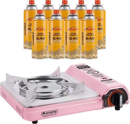 Seramik Pro Portatif Kamp Ocağı Pembe + 9 Evolite 227 gr Gaz Kartuşu EVO-008-A8