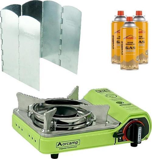 Mini Portatif Kamp Ocağı Yeşil + 6 Kanatlı Rüzgarlık + 3 Evolite 227 gr Gaz Kartuşu EVO-006-E2