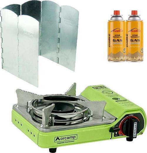 Mini Portatif Kamp Ocağı Yeşil + 6 Kanatlı Rüzgarlık + 2 Evolite 227 gr Gaz Kartuşu EVO-006-E1
