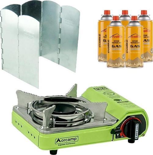 Mini Portatif Kamp Ocağı Yeşil + 6 Kanatlı Rüzgarlık + 5 Evolite 227 gr Gaz Kartuşu EVO-006-E4