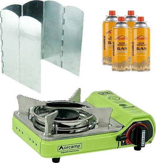 Mini Portatif Kamp Ocağı Yeşil + 6 Kanatlı Rüzgarlık + 4 Evolite 227 gr Gaz Kartuşu EVO-006-E3