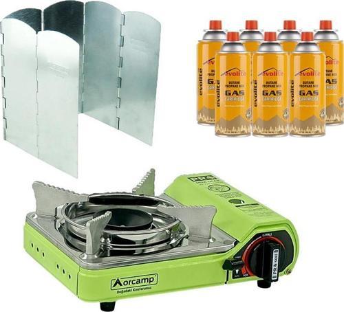 Mini Portatif Kamp Ocağı Yeşil + 6 Kanatlı Rüzgarlık + 7 Evolite 227 gr Gaz Kartuşu EVO-006-E6