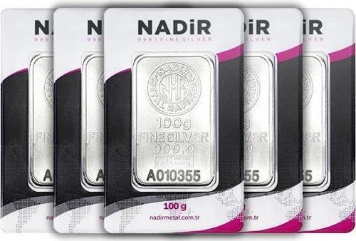 RimaGold 5 Adet NadirGold 100 Gr Gümüş Külçe
