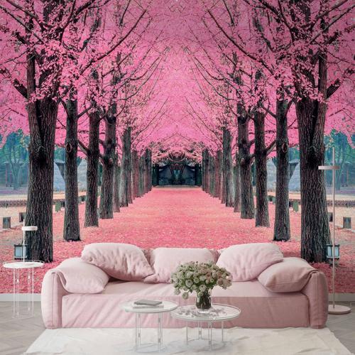 Pembe Ağaç Orman Manzaralı Duvar Kağıdı