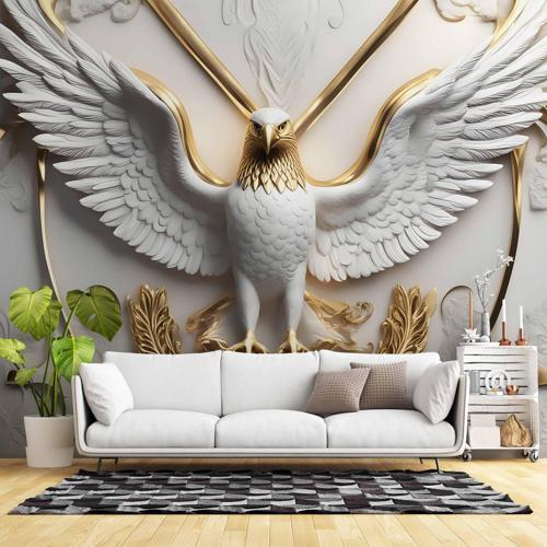 3D Kabartma Beyaz Altın Kartal Duvar Kağıdı Baskı