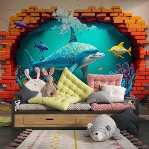 3D Akvaryum ve Balıklar Duvar Kağıdı Baskı