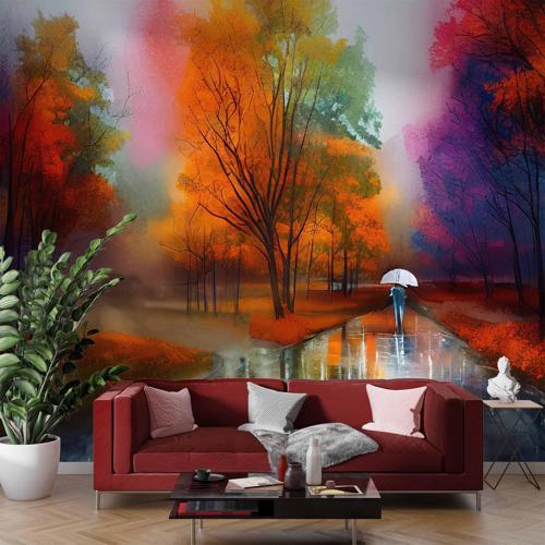 Kırmızı Ağaç ve Orman Çizim Duvar Kağıdı Baskı