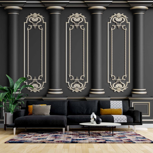 3 Boyutlu Siyah Panel Altın Sütun ve Motif Duvar Kağıdı Baskı