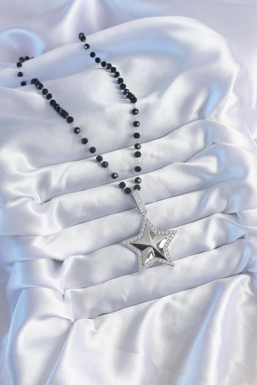 Zarif Kadın için Silver Pirinç Siyah Boncuk Zirkonlu Yıldız Kolye