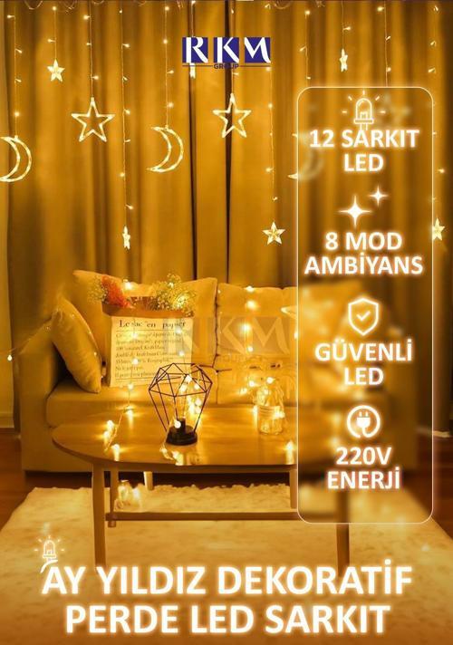 Dekoratif 8 Fonksiyonlu Ay Yıldız Perde Led Gün Işığı Ramazan Süsleme Işık Hilal Yıldız 12 Saçak Led