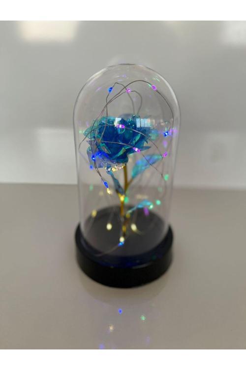 Sevgililer Ve Anneler Gününe Özel Hediyelik Dekoratif Solmayan Mavi Sonsuzluk Gül Rgb Ledli Fanus