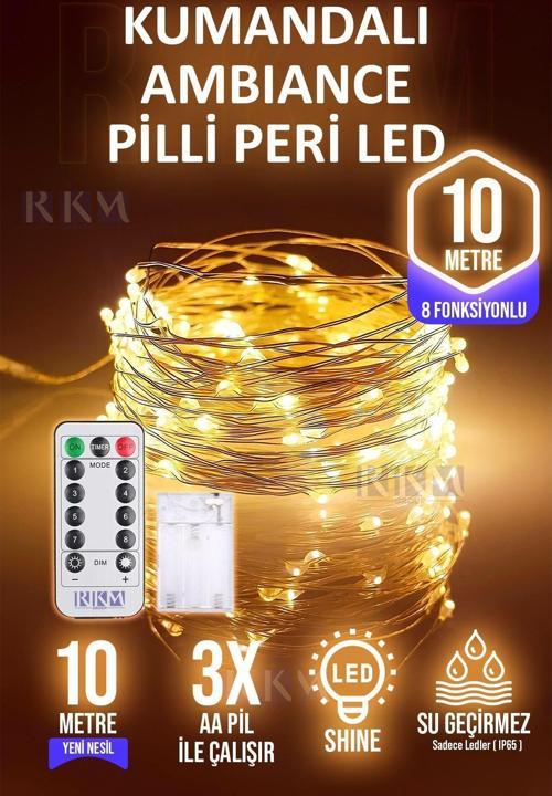 10 Metre Gün Işığı Kumandalı Pilli Peri Led 8 Fonksiyonlu Uzaktan Kumandalı Dekoratif Peri Led