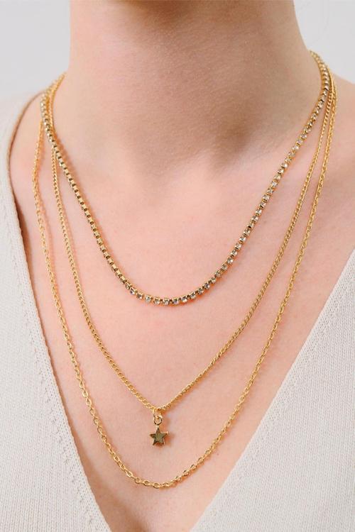 Altın Kaplama Yıldız ve Su Yolu Detaylı 3'lü Kolye Seti